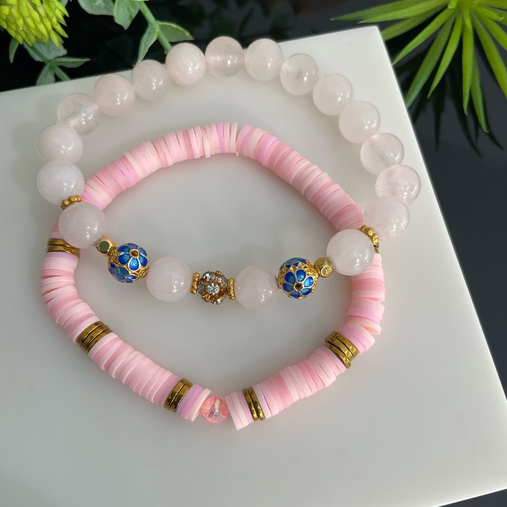SET of 2 Pink Bracelets, Natural Pink Quartz & Clay Beaded Bracelets Gold Plated